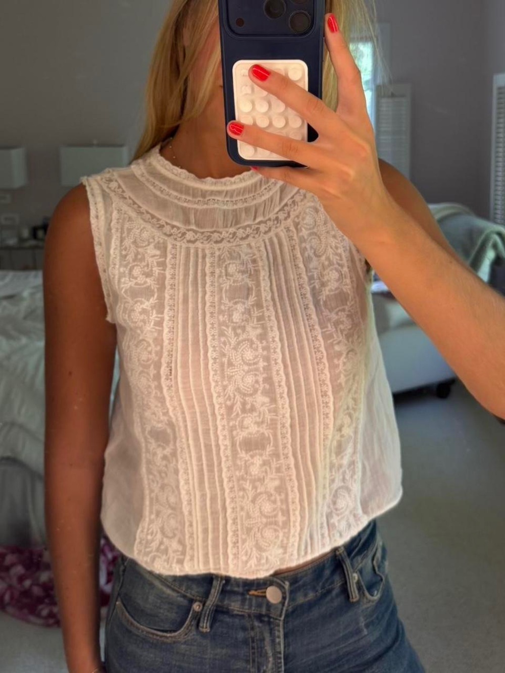 White Lace-Trim Pintuck Sleeveless Top - Picture 4 of 4